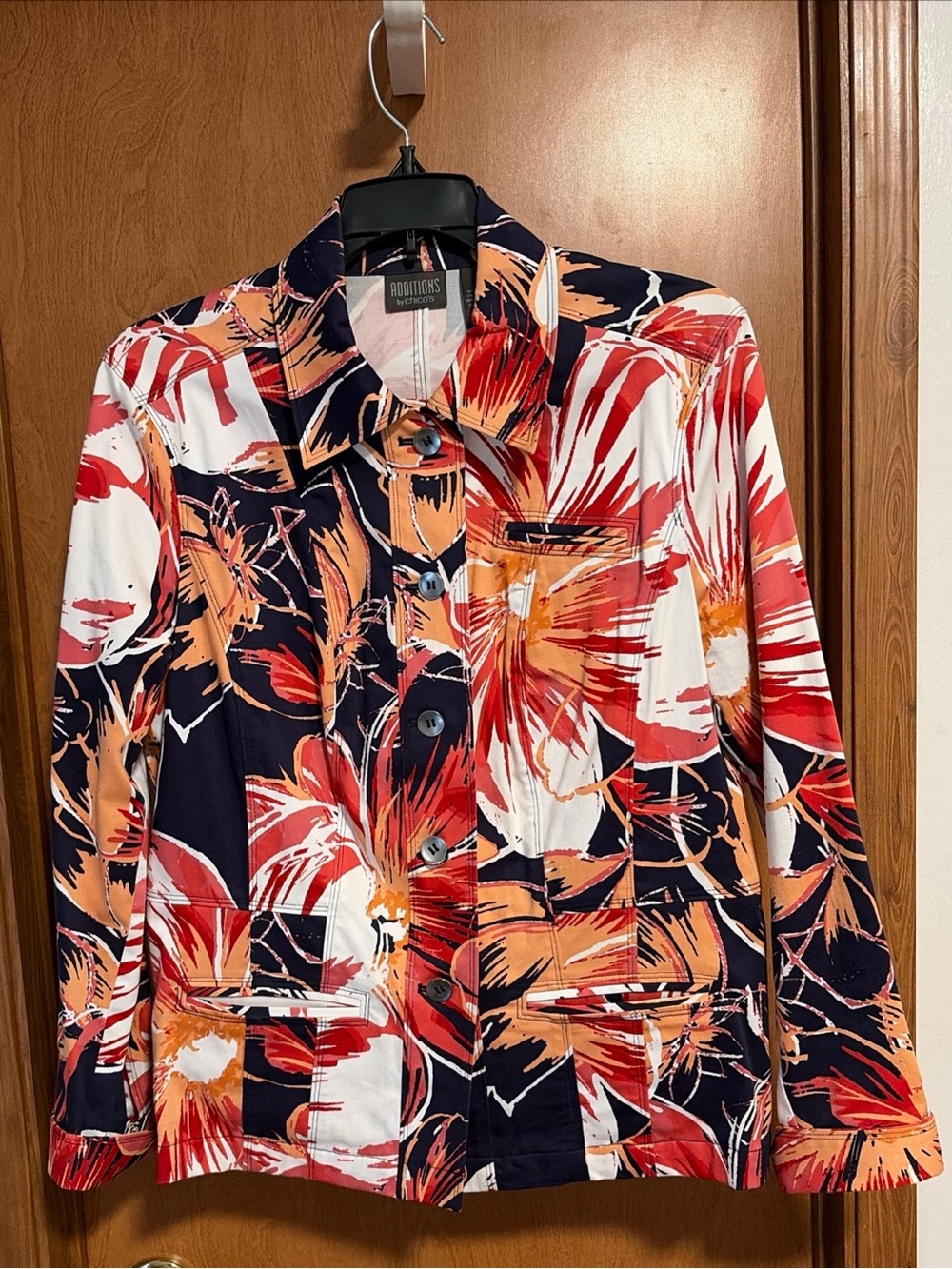 Chicos Additions Lightweight Jacket Chicos Sz 1 Button Orange White Navy Floral